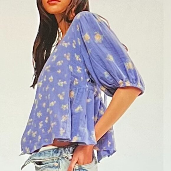 Free People Chloe Mixed Print Back Cutout Top in Indigo Combo (XL) New with Tag - Picture 3 of 10